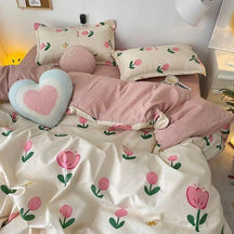 Conjunto de Cama Estilo Coreano - Capa de Edredom, Lençol e Fronha - Flores Rosa